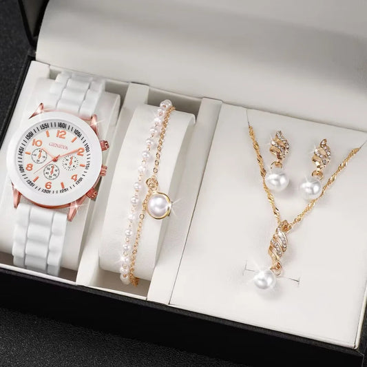 ✨ Complete 5 Luxury Jewelry Collection: Ladies' Rhinestone Watch, Necklace, Earrings, Ring, and Bracelet for Effortless Elegance! ✨